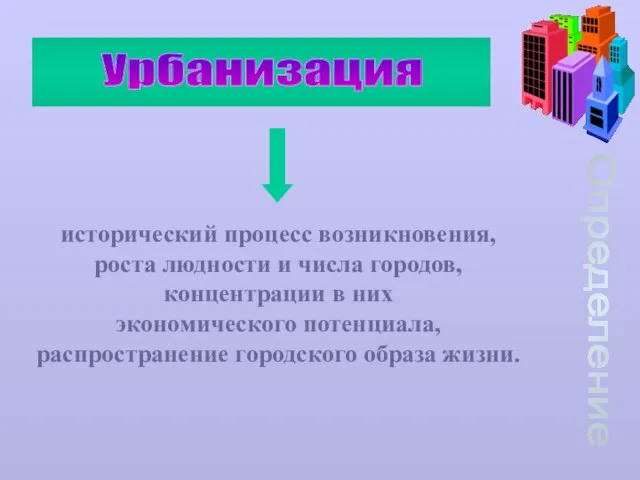 Определение Урбанизация исторический процесс возникновения, роста людности и числа городов, концентрации