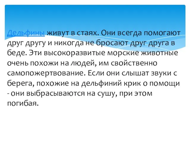 Дельфины живут в стаях. Они всегда помогают друг другу и никогда