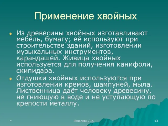 * Яковлева Л.А. Применение хвойных Из древесины хвойных изготавливают мебель, бумагу;