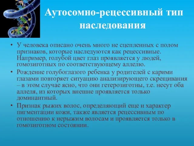 Аутосомно-рецессивный тип наследования У человека описано очень много не сцепленных с