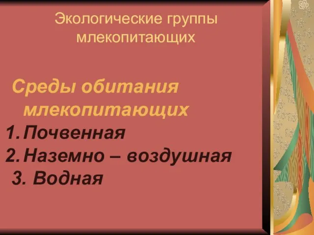 Экологические группы млекопитающих Среды обитания млекопитающих Почвенная Наземно – воздушная 3. Водная