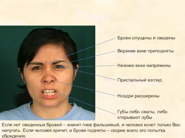 Гнев Если нет сведенных бровей – значит гнев фальшивый, и человек