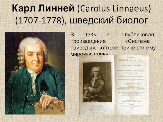 Карл Линней (Carolus Linnaeus) (1707-1778), шведский биолог В 1735 г. опубликовал