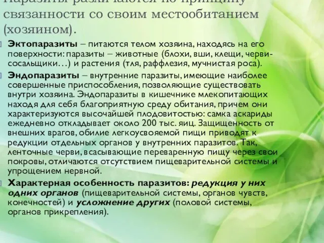 Паразиты различаются по принципу связанности со своим местообитанием(хозяином). Эктопаразиты – питаются