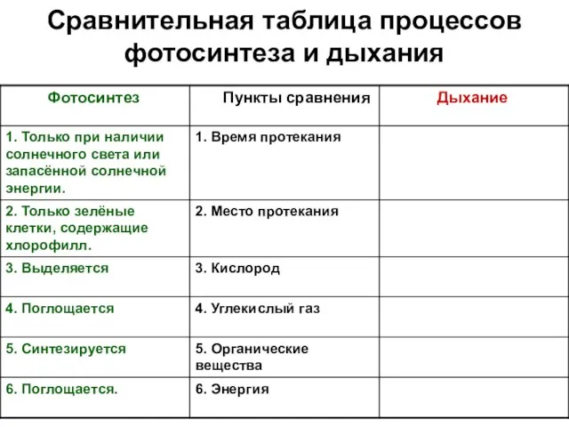 Сравнительная таблица процессов фотосинтеза и дыхания