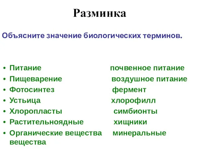 Разминка Объясните значение биологических терминов. Питание почвенное питание Пищеварение воздушное питание