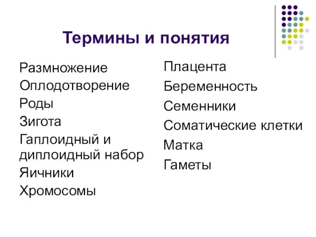 Термины и понятия Размножение Оплодотворение Роды Зигота Гаплоидный и диплоидный набор