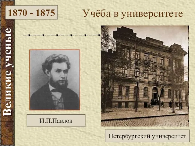 И.П.Павлов Учёба в университете Петербургский университет 1870 - 1875 Великие ученые