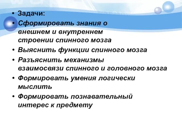 Задачи: Сформировать знания о внешнем и внутреннем строении спинного мозга Выяснить