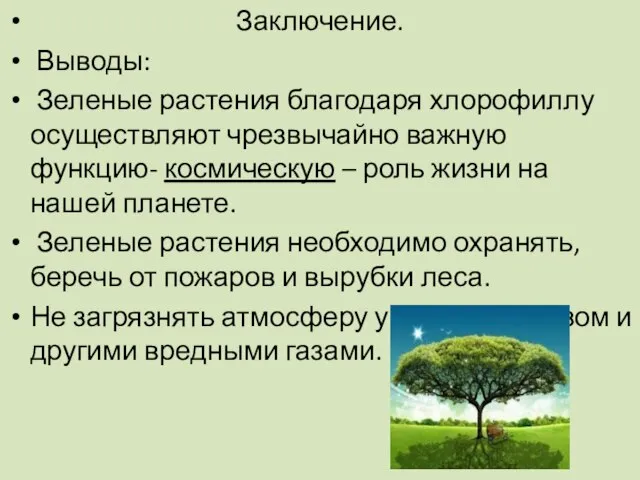 Заключение. Выводы: Зеленые растения благодаря хлорофиллу осуществляют чрезвычайно важную функцию- космическую