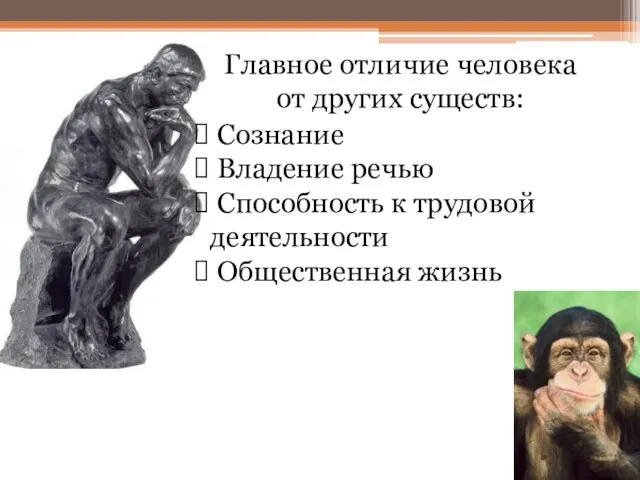 Главное отличие человека от других существ: Сознание Владение речью Способность к трудовой деятельности Общественная жизнь