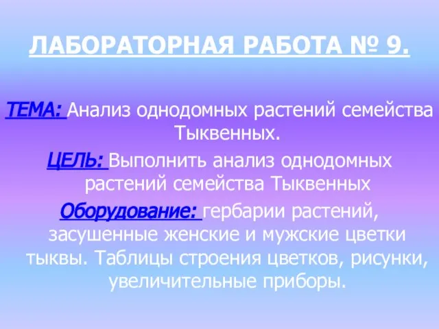 ЛАБОРАТОРНАЯ РАБОТА № 9. ТЕМА: Анализ однодомных растений семейства Тыквенных. ЦЕЛЬ: