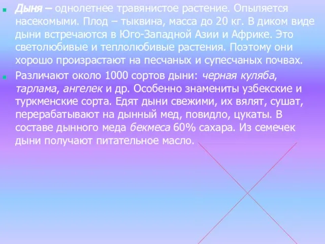 Дыня – однолетнее травянистое растение. Опыляется насекомыми. Плод – тыквина, масса