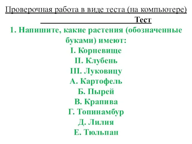 Проверочная работа в виде теста (на компьютере) Тест 1. Напишите, какие