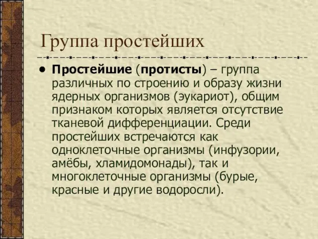 Группа простейших Простейшие (протисты) – группа различных по строению и образу