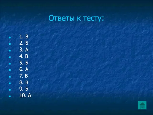 Ответы к тесту: 1. В 2. Б 3. А 4. В