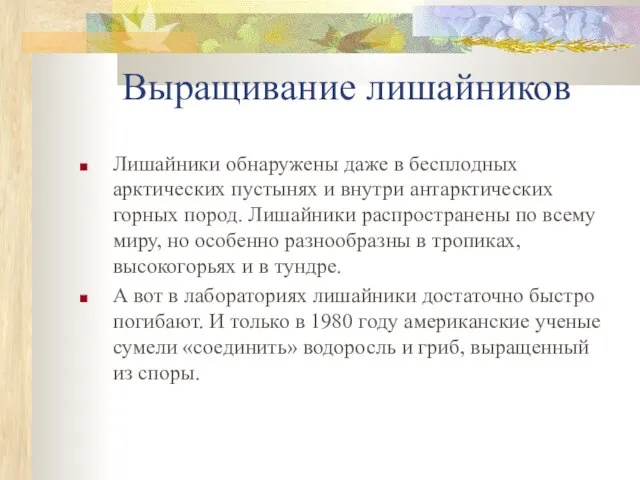 Выращивание лишайников Лишайники обнаружены даже в бесплодных арктических пустынях и внутри