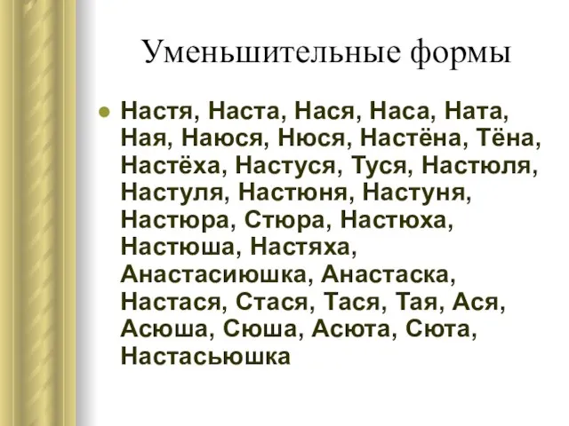 Уменьшительные формы Настя, Наста, Нася, Наса, Ната, Ная, Наюся, Нюся, Настёна,