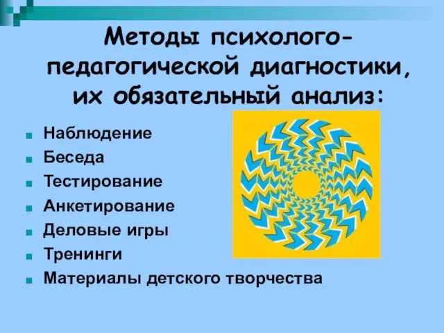 Методы психолого-педагогической диагностики, их обязательный анализ: Наблюдение Беседа Тестирование Анкетирование Деловые игры Тренинги Материалы детского творчества