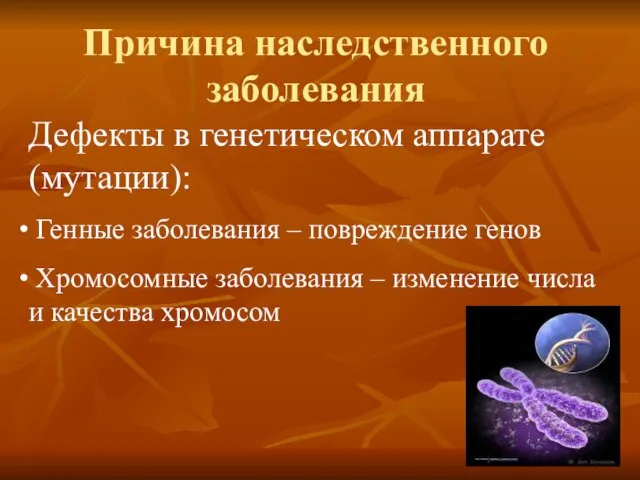 Причина наследственного заболевания Дефекты в генетическом аппарате (мутации): Генные заболевания –