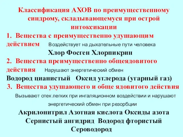 Классификация АХОВ по преимущественному синдрому, складывающемуся при острой интоксикации 1. Вещества