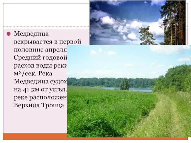 Медведица вскрывается в первой половине апреля. Средний годовой расход воды реки