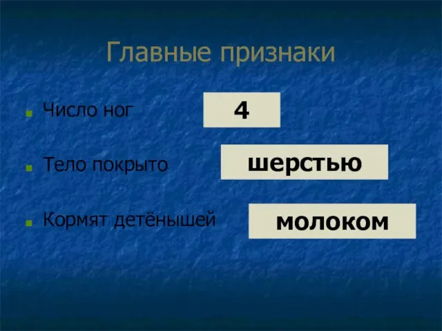 Главные признаки Число ног Тело покрыто Кормят детёнышей 4 шерстью молоком