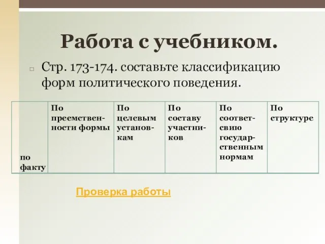 Стр. 173-174. составьте классификацию форм политического поведения. Работа с учебником. Проверка работы