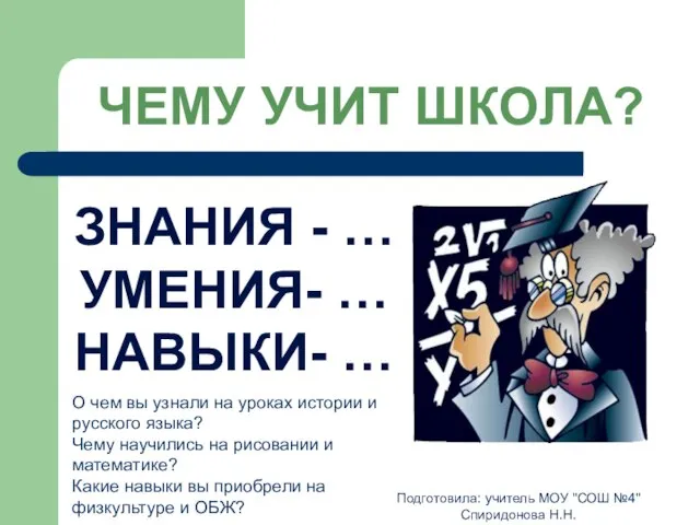 Подготовила: учитель МОУ "СОШ №4" Спиридонова Н.Н. Чему учит школа? Знания