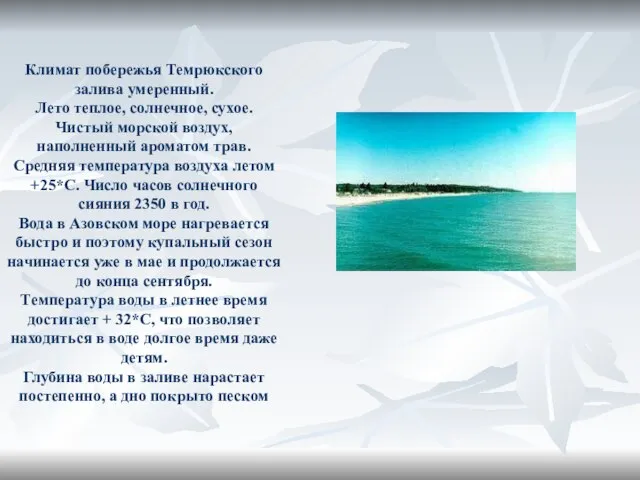 Климат побережья Темрюкского залива умеренный. Лето теплое, солнечное, сухое. Чистый морской