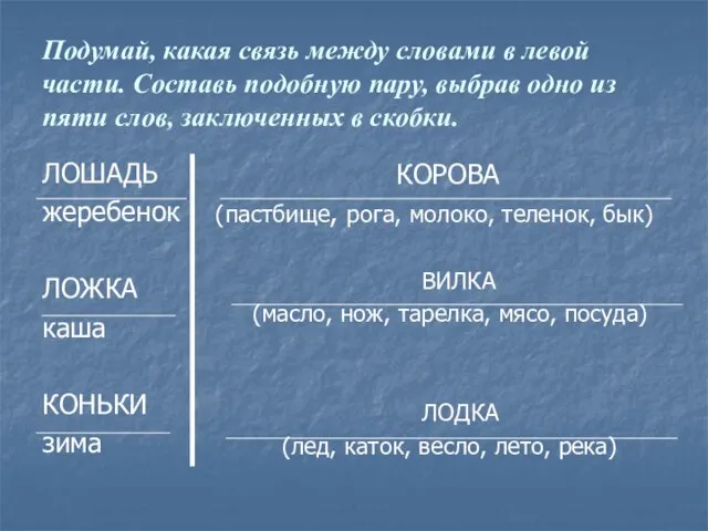 Подумай, какая связь между словами в левой части. Составь подобную пару,