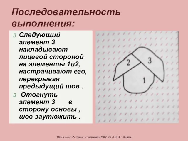 Следующий элемент 3 накладывают лицевой стороной на элементы 1и2,настрачивают его, перекрывая