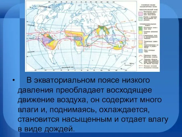 В экваториальном поясе низкого давления преобладает восходящее движение воздуха, он содержит