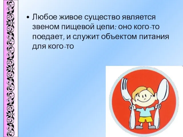 Любое живое существо является звеном пищевой цепи: оно кого-то поедает, и служит объектом питания для кого-то