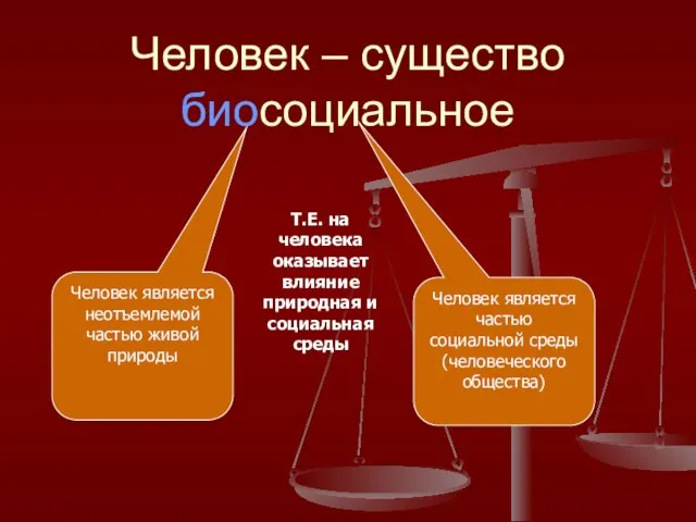 Человек – существо биосоциальное Человек является неотъемлемой частью живой природы Человек