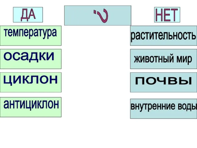 температура осадки циклон антициклон растительность животный мир почвы внутренние воды ДА НЕТ ?