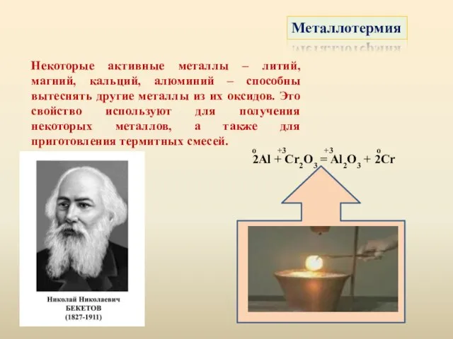 Металлотермия Некоторые активные металлы – литий, магний, кальций, алюминий – способны