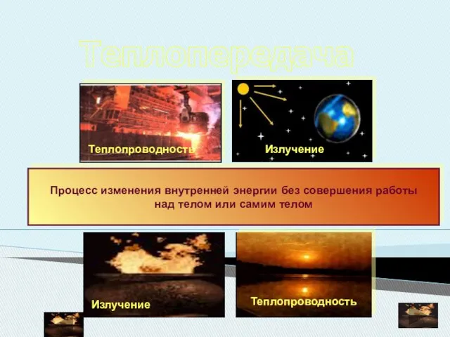 Теплопередача Процесс изменения внутренней энергии без совершения работы над телом или