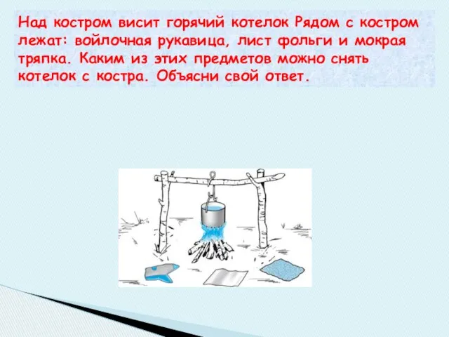 Над костром висит горячий котелок Рядом с костром лежат: войлочная рукавица,