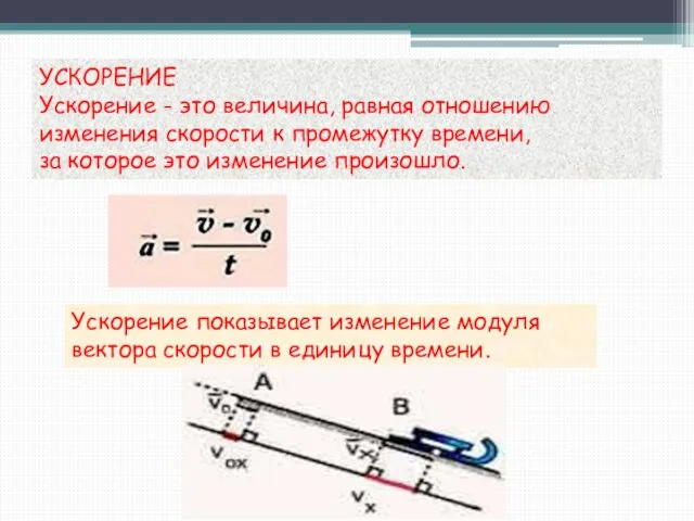 УСКОРЕНИЕ Ускорение - это величина, равная отношению изменения скорости к промежутку