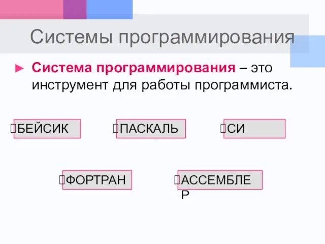 Системы программирования Система программирования – это инструмент для работы программиста. БЕЙСИК ФОРТРАН ПАСКАЛЬ АССЕМБЛЕР СИ