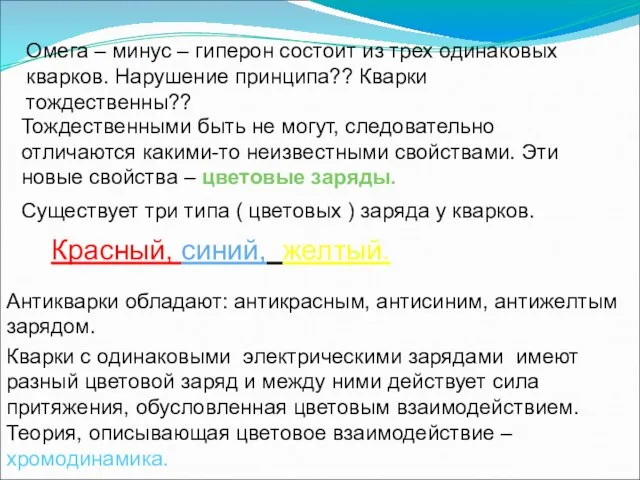 Омега – минус – гиперон состоит из трех одинаковых кварков. Нарушение