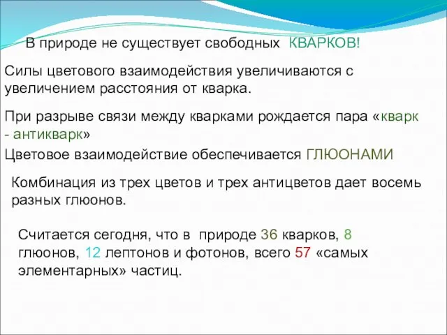 В природе не существует свободных КВАРКОВ! Силы цветового взаимодействия увеличиваются с