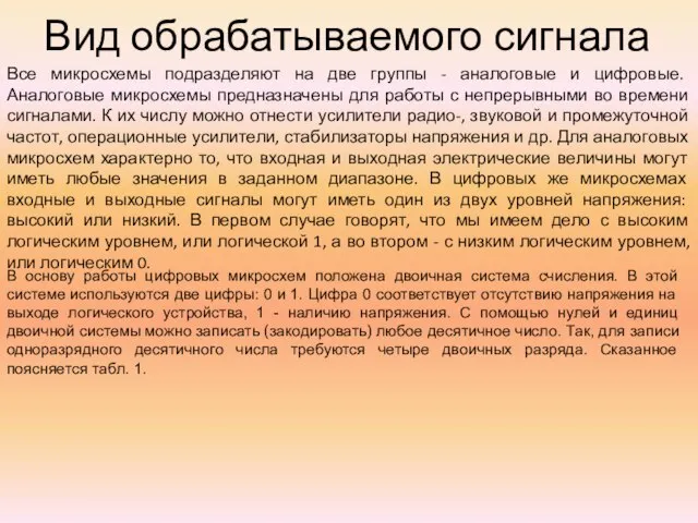 Вид обрабатываемого сигнала Все микросхемы подразделяют на две группы - аналоговые