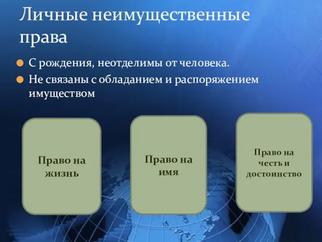 С рождения, неотделимы от человека. Не связаны с обладанием и распоряжением