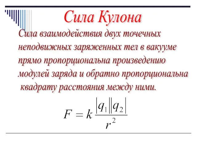 Сила взаимодействия двух точечных неподвижных заряженных тел в вакууме прямо пропорциональна