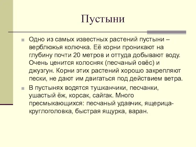 Пустыни Одно из самых известных растений пустыни – верблюжья колючка. Её