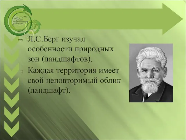 Л.С.Берг изучал особенности природных зон (ландшафтов). Каждая территория имеет свой неповторимый облик (ландшафт).