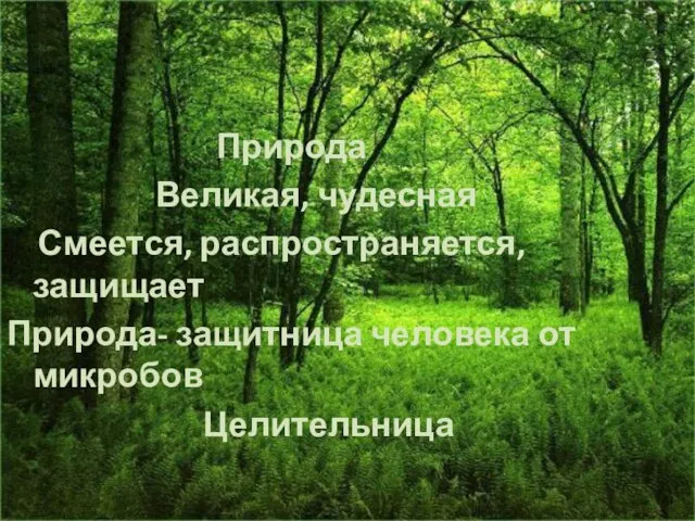 Природа Великая, чудесная Смеется, распространяется, защищает Природа- защитница человека от микробов Целительница