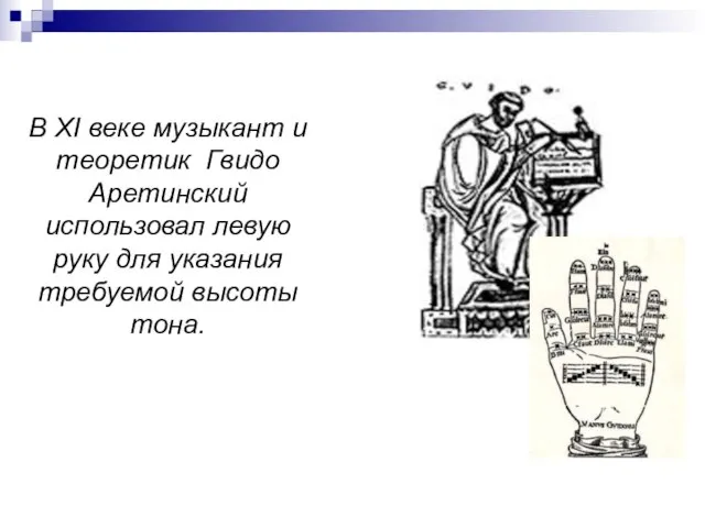 В XI веке музыкант и теоретик Гвидо Аретинский использовал левую руку для указания требуемой высоты тона.